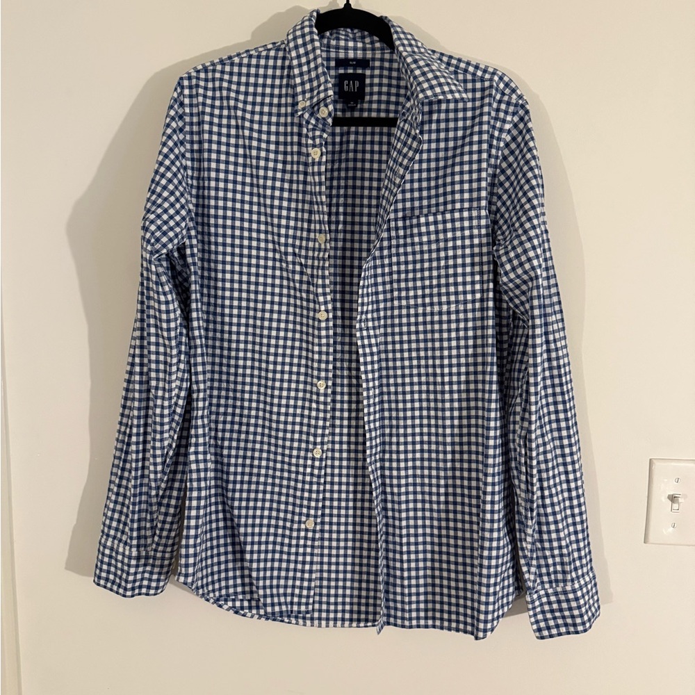 GAP Men's Navy and White Gingham Shirt